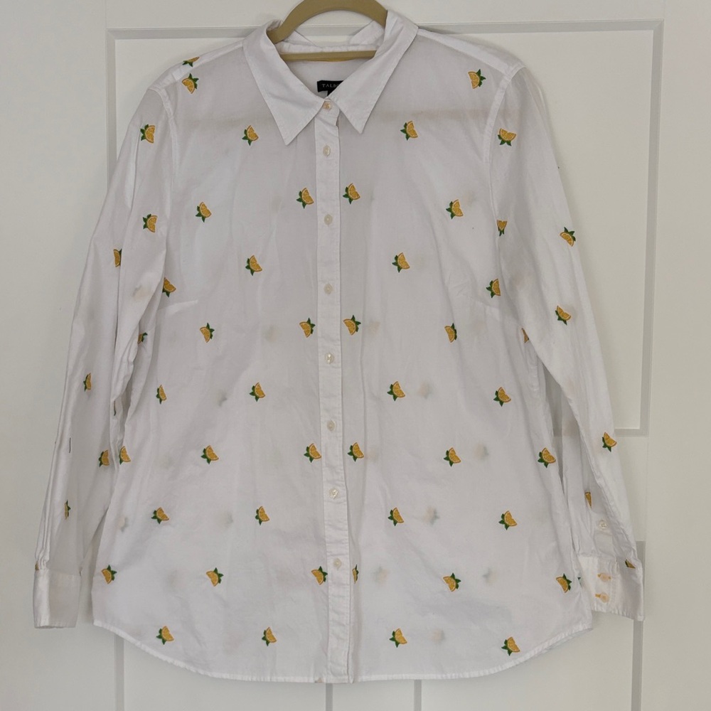 White Button-Up Shirt with Yellow Lemon Embroidery